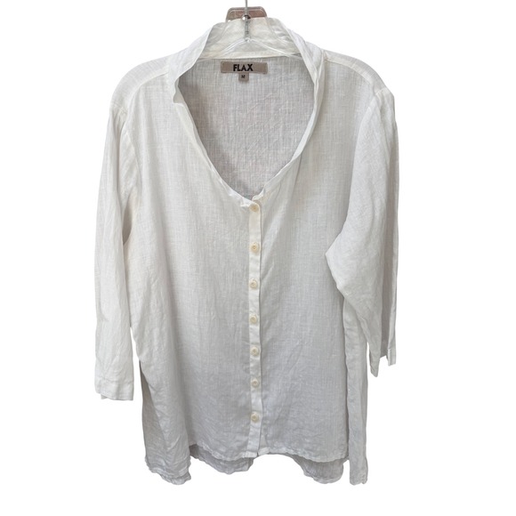 FLAX White 100% Linen Button Down 3/4 Sleeve Medium Lagenlook Boxy Oversize